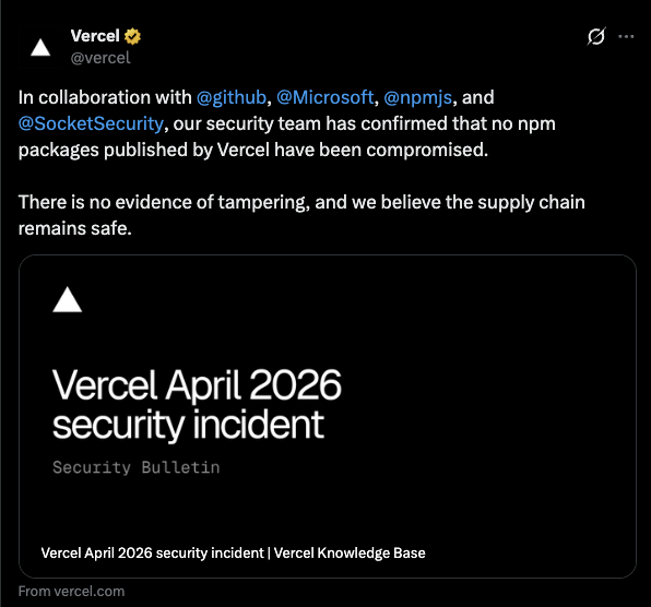 Vercel تؤكد سلامة سلسلة التوريد بعد حادث أمني في أبريل 2026