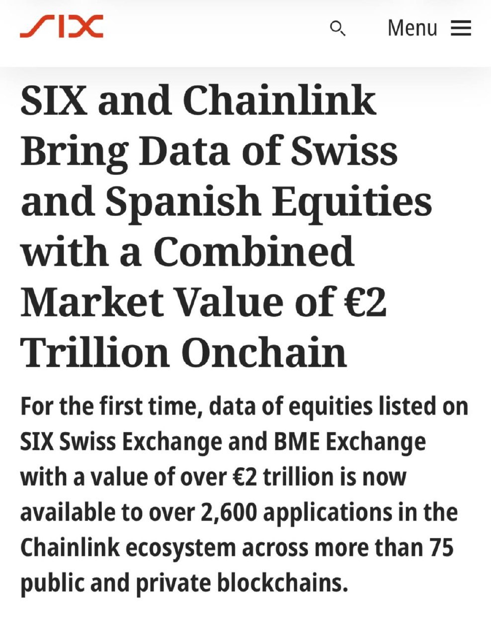 تعاون بين SIX Group وChainlink لنقل بيانات أسهم بقيمة 2 تريليون يورو إلى البلوكشين