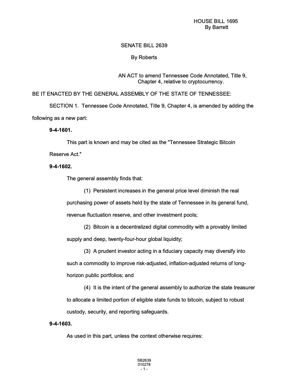 مشروع قانون احتياطي بيتكوين في تينيسي يقترب من الإقرار