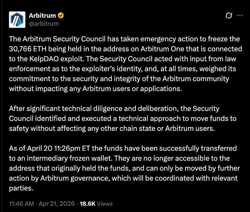 Arbitrum Security Council Freezes 30,766 ETH Linked to KelpDAO Exploit